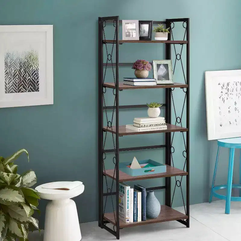 Libreria pieghevole a 5 ripiani – Scaffale organizer autoportante in metallo stile industriale per soggiorno o camera da letto, marrone