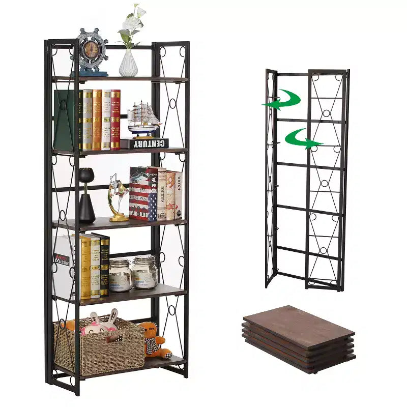 Libreria pieghevole a 5 ripiani – Scaffale organizer autoportante in metallo stile industriale per soggiorno o camera da letto, marrone