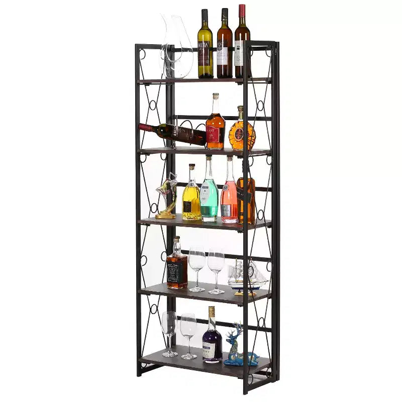 Libreria pieghevole a 5 ripiani – Scaffale organizer autoportante in metallo stile industriale per soggiorno o camera da letto, marrone