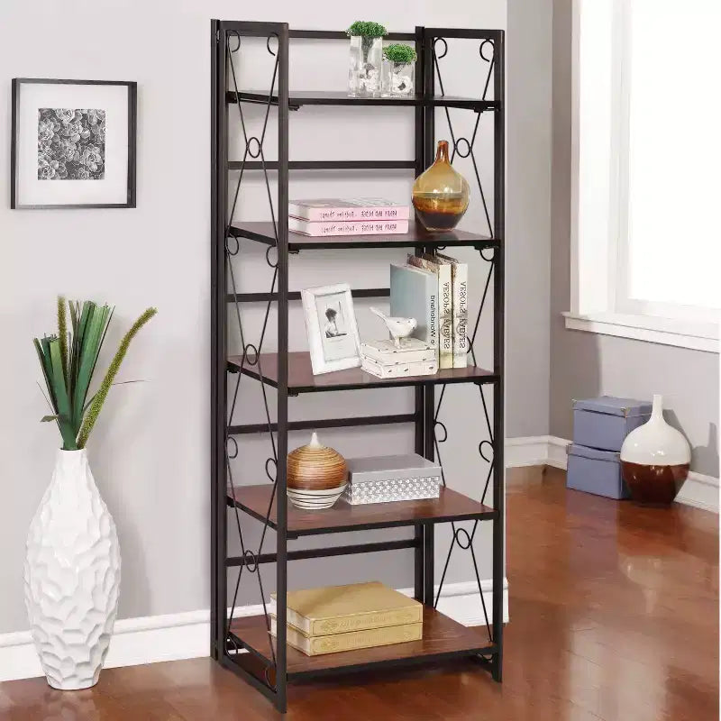 Libreria pieghevole a 5 ripiani – Scaffale organizer autoportante in metallo stile industriale per soggiorno o camera da letto, marrone