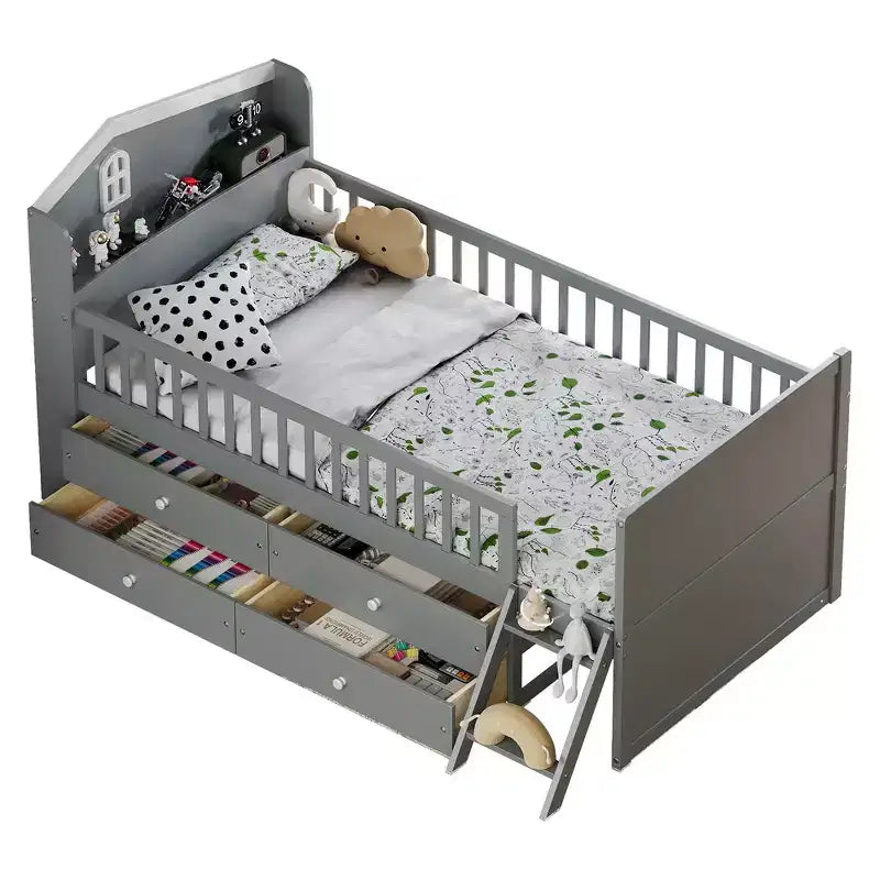 Struttura letto a piattaforma doppia con 4 cassetti contenitore, testiera con sponde e scaletta – A forma di casa