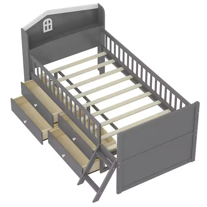 Struttura letto a piattaforma doppia con 4 cassetti contenitore, testiera con sponde e scaletta – A forma di casa