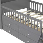 Struttura letto a piattaforma doppia con 4 cassetti contenitore, testiera con sponde e scaletta – A forma di casa