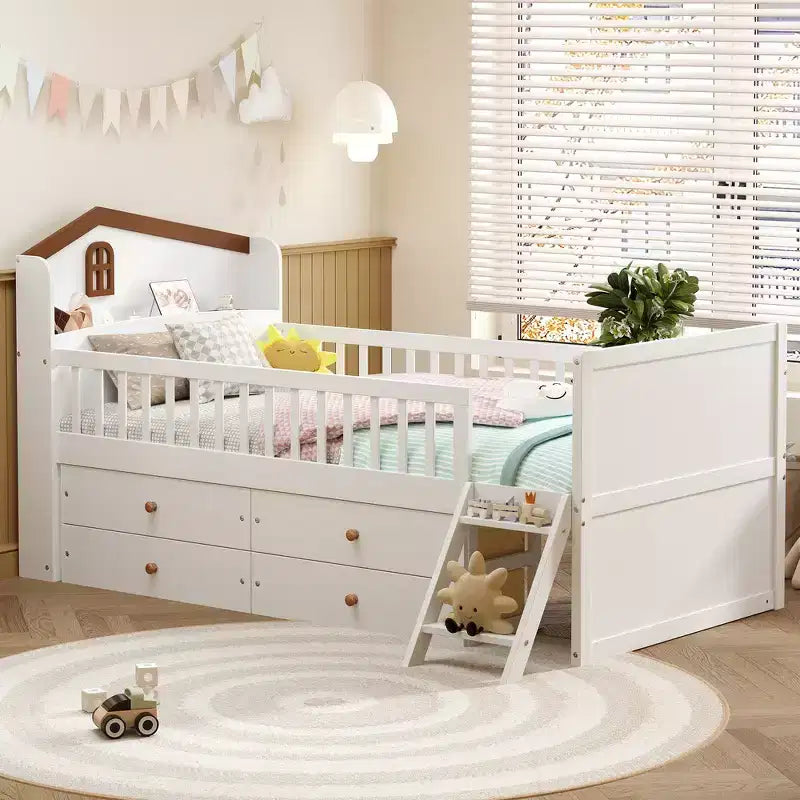 Struttura letto a piattaforma doppia con 4 cassetti contenitore, testiera con sponde e scaletta – A forma di casa