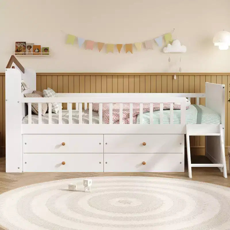 Struttura letto a piattaforma doppia con 4 cassetti contenitore, testiera con sponde e scaletta – A forma di casa