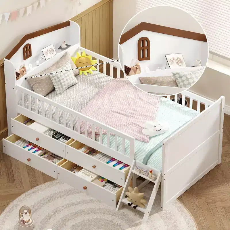 Struttura letto a piattaforma doppia con 4 cassetti contenitore, testiera con sponde e scaletta – A forma di casa