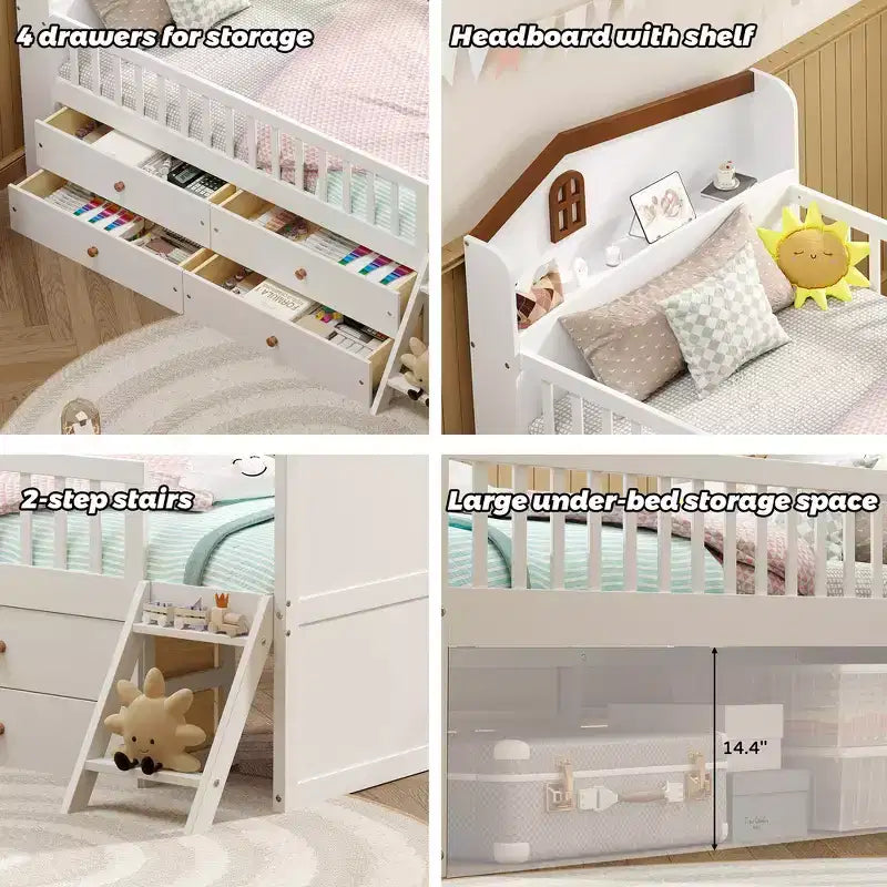Struttura letto a piattaforma doppia con 4 cassetti contenitore, testiera con sponde e scaletta – A forma di casa