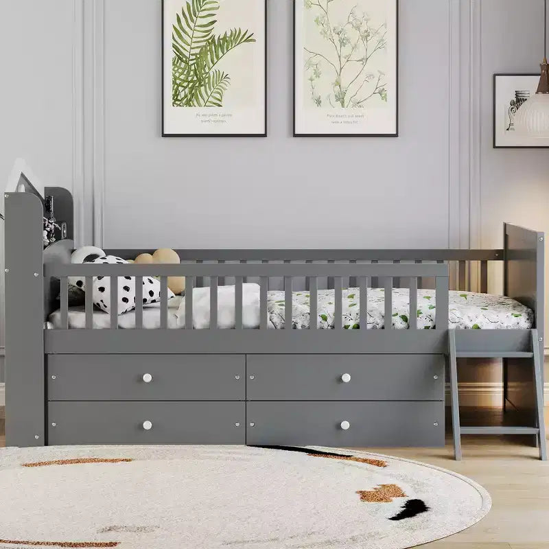 Struttura letto a piattaforma doppia con 4 cassetti contenitore, testiera con sponde e scaletta – A forma di casa