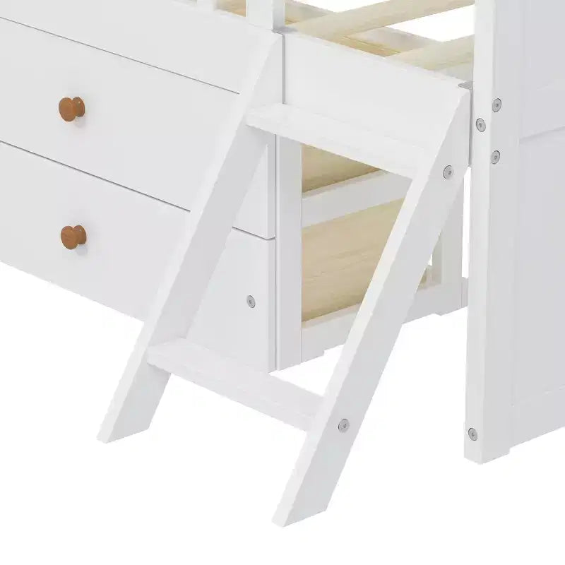 Struttura letto a piattaforma doppia con 4 cassetti contenitore, testiera con sponde e scaletta – A forma di casa
