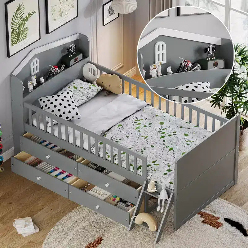 Struttura letto a piattaforma doppia con 4 cassetti contenitore, testiera con sponde e scaletta – A forma di casa