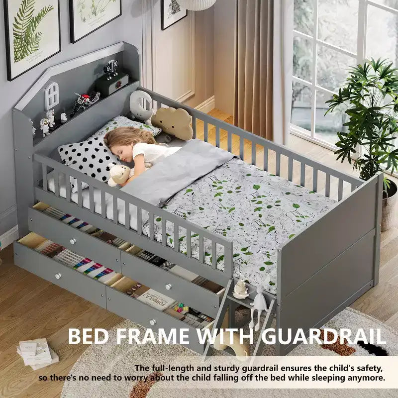 Struttura letto a piattaforma doppia con 4 cassetti contenitore, testiera con sponde e scaletta – A forma di casa