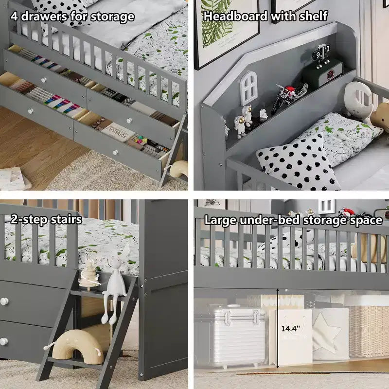 Struttura letto a piattaforma doppia con 4 cassetti contenitore, testiera con sponde e scaletta – A forma di casa