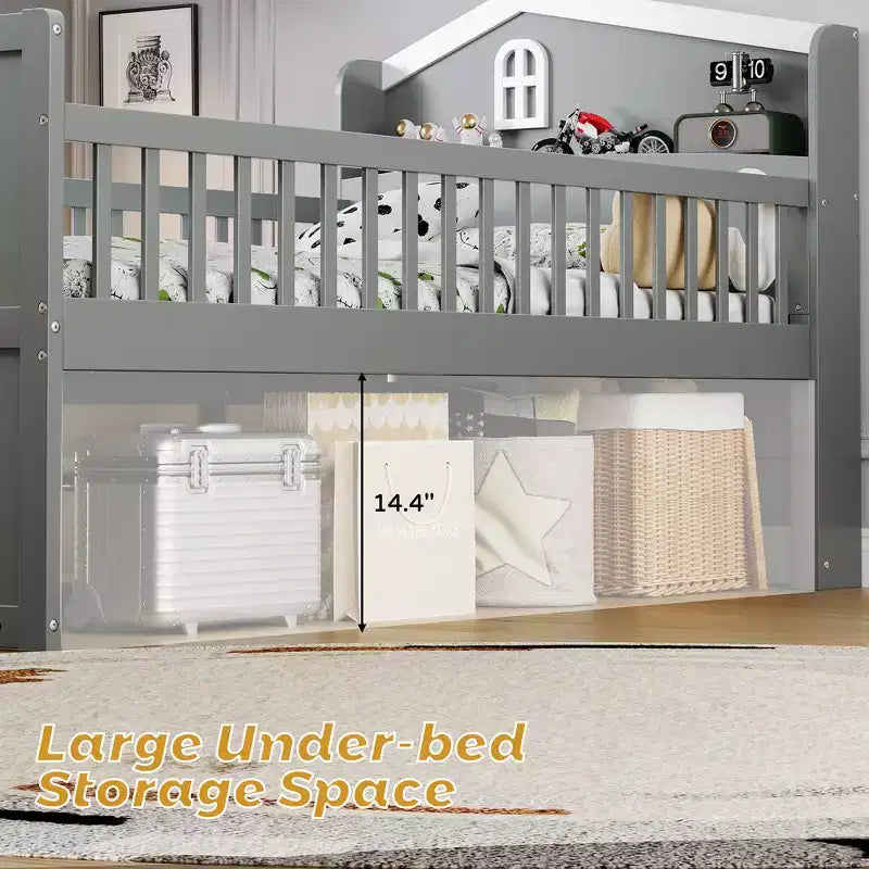 Struttura letto a piattaforma doppia con 4 cassetti contenitore, testiera con sponde e scaletta – A forma di casa