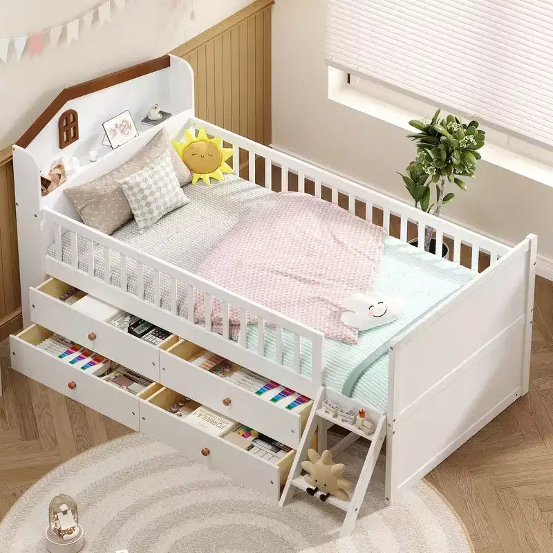 Struttura letto a piattaforma doppia con 4 cassetti contenitore, testiera con sponde e scaletta – A forma di casa