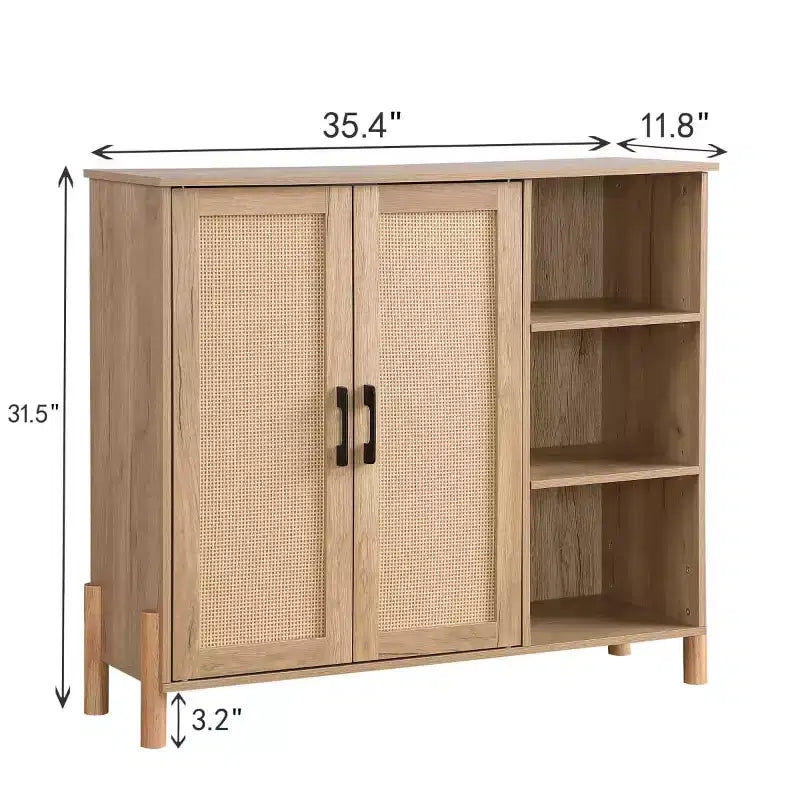 Mobiletto Mid-Century Boho con Ante in Rattan Intrecciato, Ripiani Regolabili e a Giorno per il Soggiorno