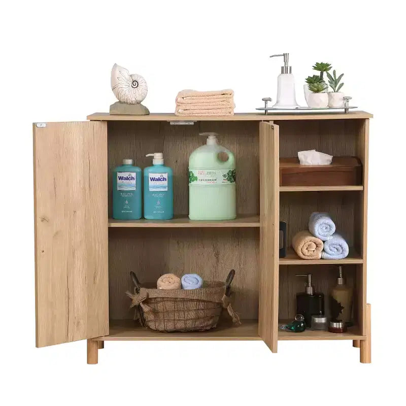 Mobiletto Mid-Century Boho con Ante in Rattan Intrecciato, Ripiani Regolabili e a Giorno per il Soggiorno