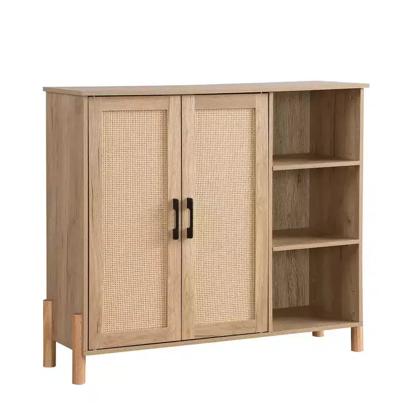 Mobiletto Mid-Century Boho con Ante in Rattan Intrecciato, Ripiani Regolabili e a Giorno per il Soggiorno