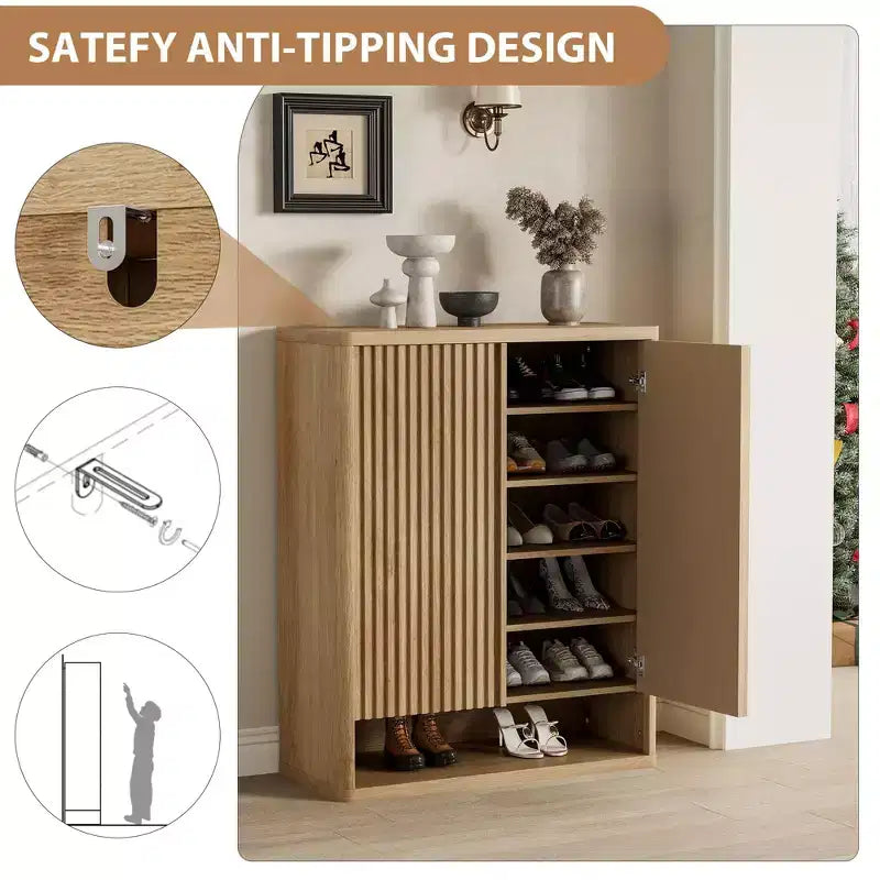 Scarpiera da 80 cm con ripiani regolabili, mobile portascarpe in legno con ante scanalate per ingresso e soggiorno