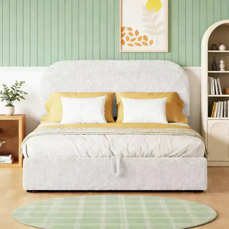 Letto con piattaforma imbottito in pile Teddy a grandezza naturale con sistema di stoccaggio idraulico – Capacità 272 kg