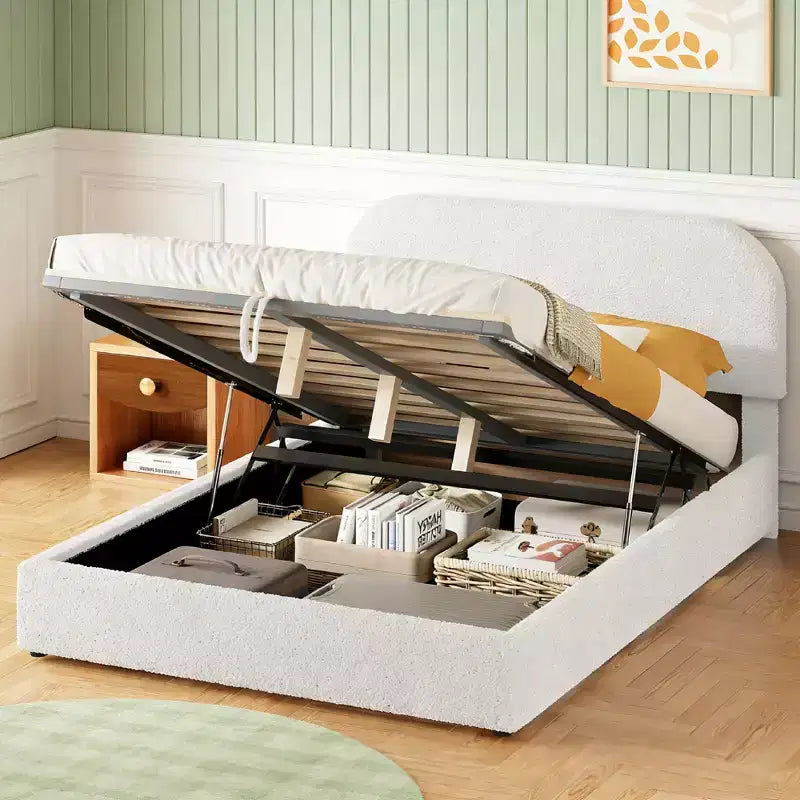Letto con piattaforma imbottito in pile Teddy a grandezza naturale con sistema di stoccaggio idraulico – Capacità 272 kg
