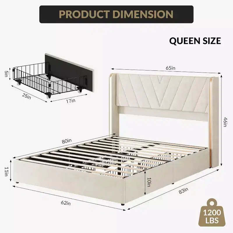 Letto Queen con struttura in velluto e luci LED, con testiera a tutta altezza e 4 cassetti, nessuna rete a molle richiesta