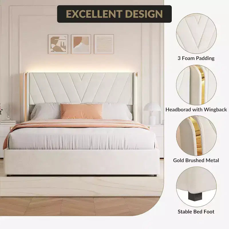 Letto Queen con struttura in velluto e luci LED, con testiera a tutta altezza e 4 cassetti, nessuna rete a molle richiesta