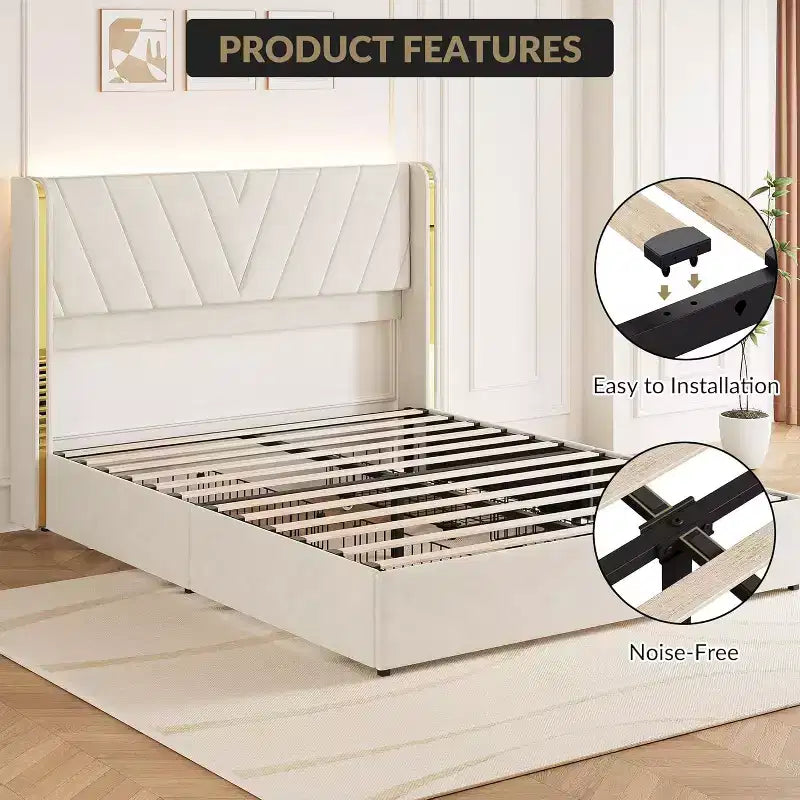 Letto Queen con struttura in velluto e luci LED, con testiera a tutta altezza e 4 cassetti, nessuna rete a molle richiesta