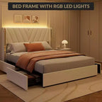 Letto Queen con struttura in velluto e luci LED, con testiera a tutta altezza e 4 cassetti, nessuna rete a molle richiesta