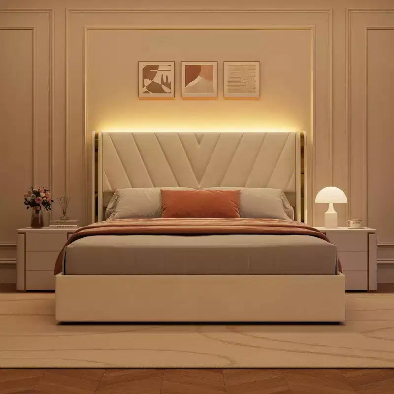Letto Queen con struttura in velluto e luci LED, con testiera a tutta altezza e 4 cassetti, nessuna rete a molle richiesta