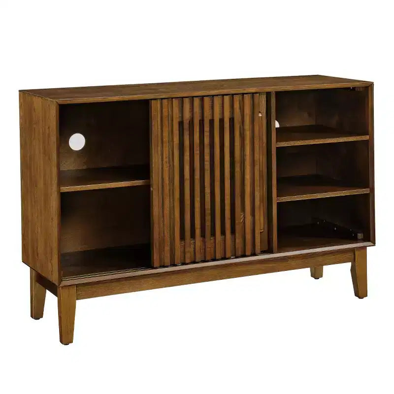 Madia e mobile TV moderno di metà secolo da 47" – Credenza con ante scorrevoli a persiana e gambe in legno massello
