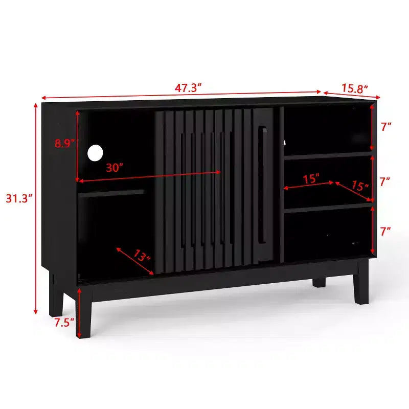 Madia e mobile TV moderno di metà secolo da 47" – Credenza con ante scorrevoli a persiana e gambe in legno massello
