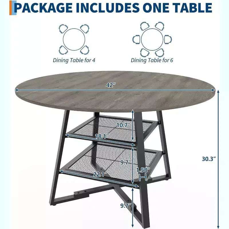 Tavolo da pranzo rotondo per 4 persone, tavolo da cucina da 42 pollici con ripiano portaoggetti, design rustico in legno e metallo, tavolo da pranzo per famiglia per 4-6 persone