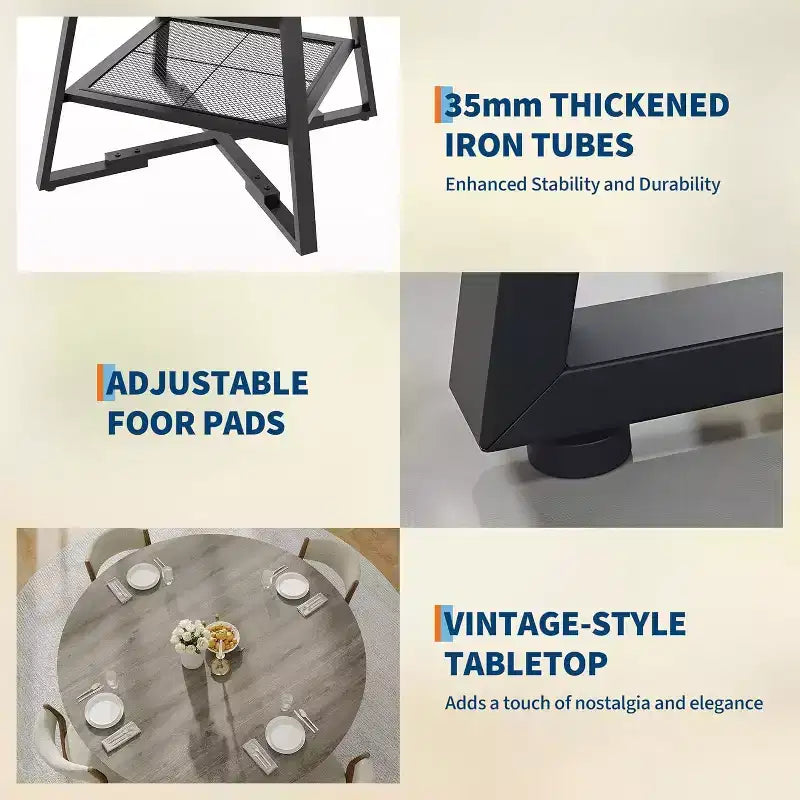 Tavolo da pranzo rotondo per 4 persone, tavolo da cucina da 42 pollici con ripiano portaoggetti, design rustico in legno e metallo, tavolo da pranzo per famiglia per 4-6 persone