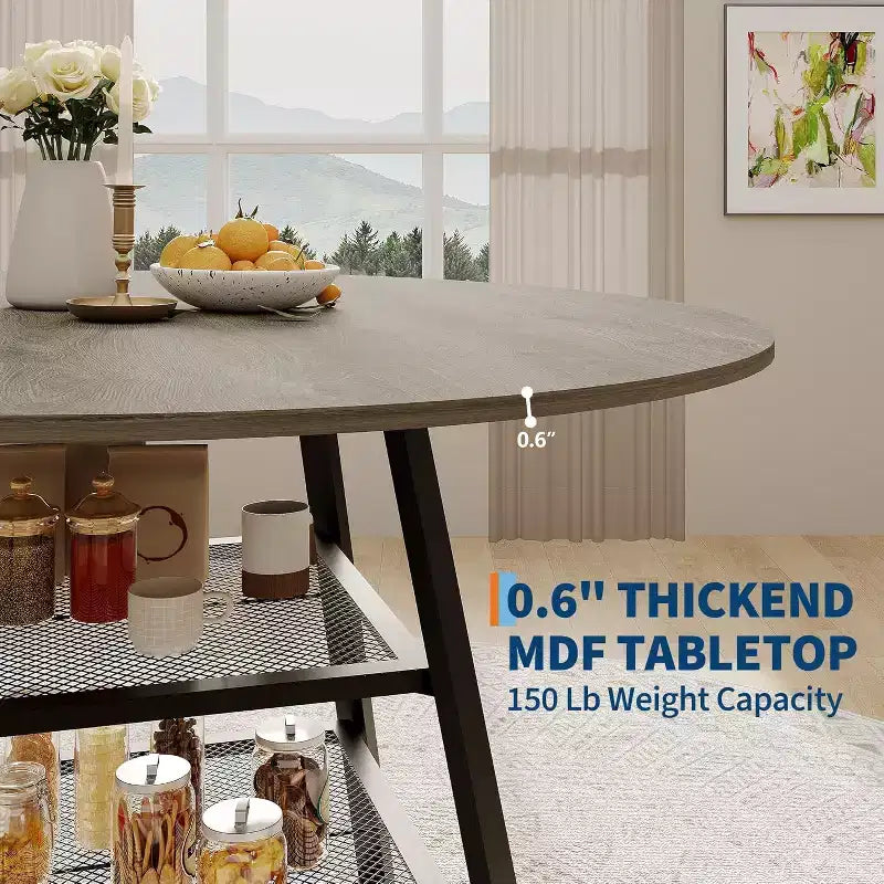 Tavolo da pranzo rotondo per 4 persone, tavolo da cucina da 42 pollici con ripiano portaoggetti, design rustico in legno e metallo, tavolo da pranzo per famiglia per 4-6 persone
