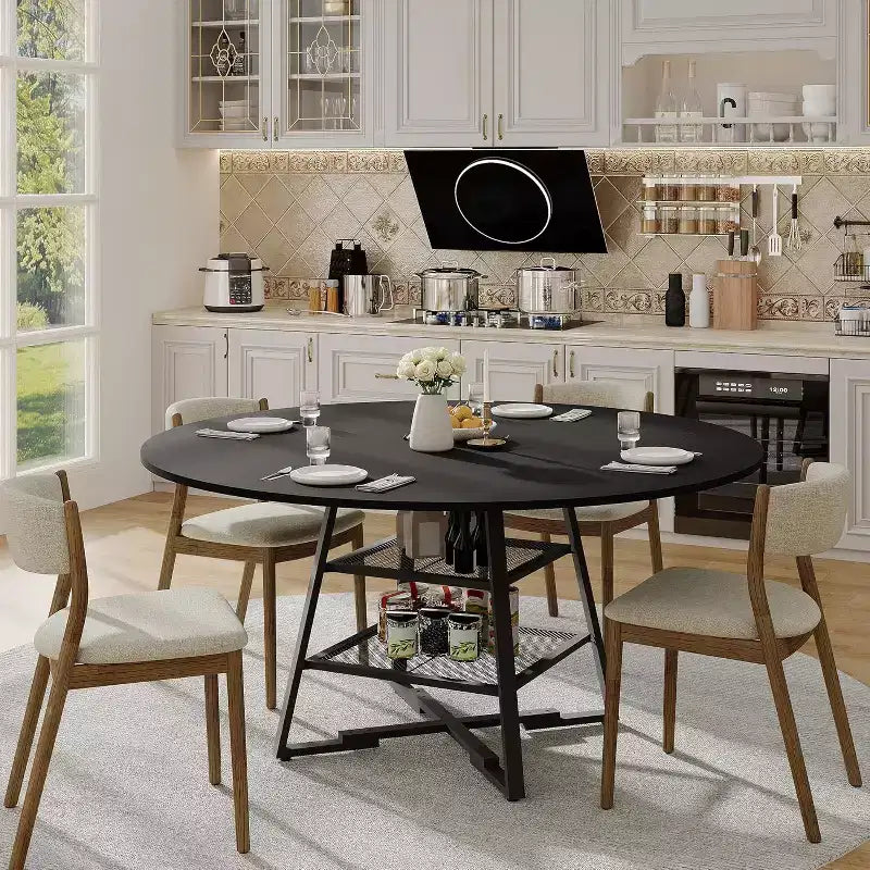 Tavolo da pranzo rotondo per 4 persone, tavolo da cucina da 42 pollici con ripiano portaoggetti, design rustico in legno e metallo, tavolo da pranzo per famiglia per 4-6 persone