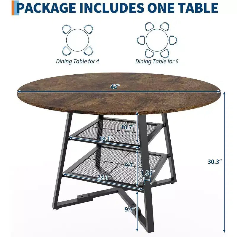 Tavolo da pranzo rotondo per 4 persone, tavolo da cucina da 42 pollici con ripiano portaoggetti, design rustico in legno e metallo, tavolo da pranzo per famiglia per 4-6 persone