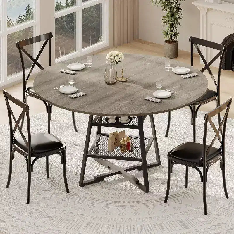 Tavolo da pranzo rotondo per 4 persone, tavolo da cucina da 42 pollici con ripiano portaoggetti, design rustico in legno e metallo, tavolo da pranzo per famiglia per 4-6 persone