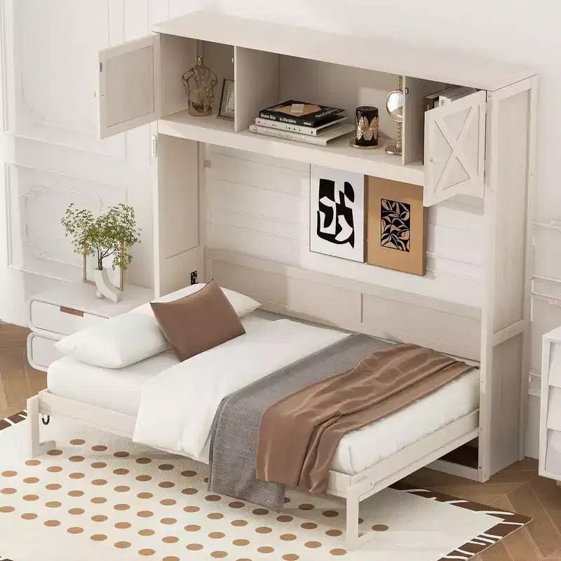Letto a Scomparsa Matrimoniale con Armadietti Contenitore – Pino Massiccio e MDF, Finitura Nera con Dettaglio a X