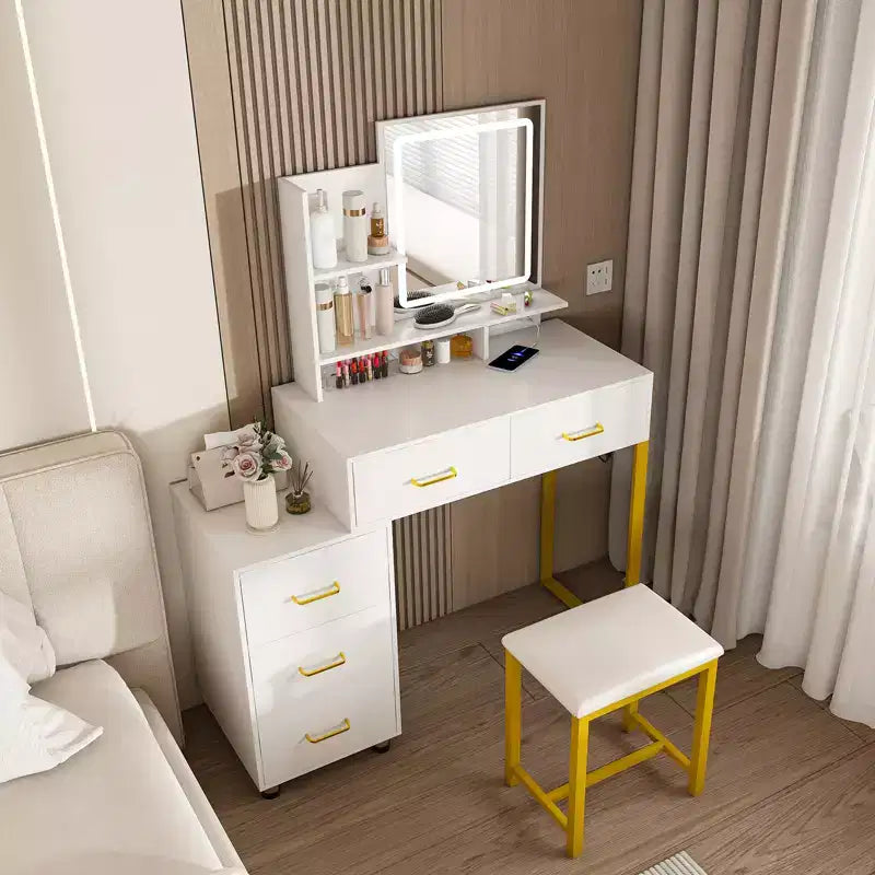 Toeletta Trucco con Luci LED 3 Modalità Colore, Tavolo da Trucco con Presa di Corrente, 5 Cassetti e Sedia in Metallo per Camera da Letto