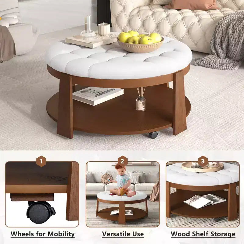 Tavolino da caffè rotondo con pouf, grande tavolino da caffè imbottito a 2 livelli con bottoni e rotelle, pouf poggiapiedi in tessuto impermeabile per soggiorno