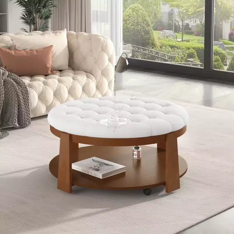 Tavolino da caffè rotondo con pouf, grande tavolino da caffè imbottito a 2 livelli con bottoni e rotelle, pouf poggiapiedi in tessuto impermeabile per soggiorno