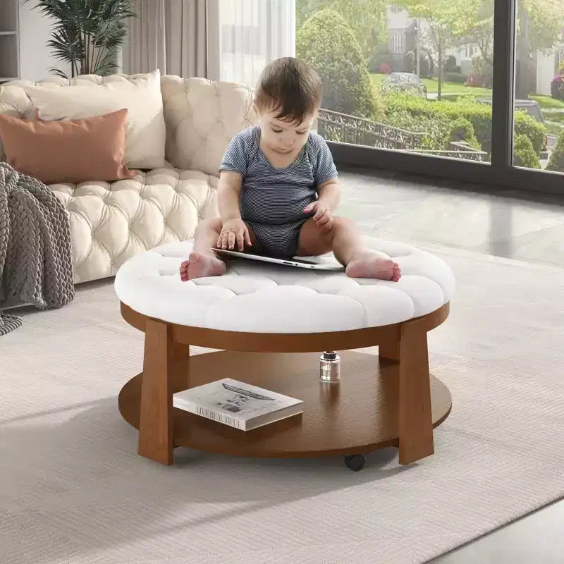 Tavolino da caffè rotondo con pouf, grande tavolino da caffè imbottito a 2 livelli con bottoni e rotelle, pouf poggiapiedi in tessuto impermeabile per soggiorno