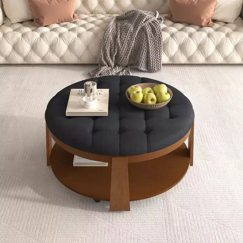 Tavolino da caffè rotondo con pouf, grande tavolino da caffè imbottito a 2 livelli con bottoni e rotelle, pouf poggiapiedi in tessuto impermeabile per soggiorno