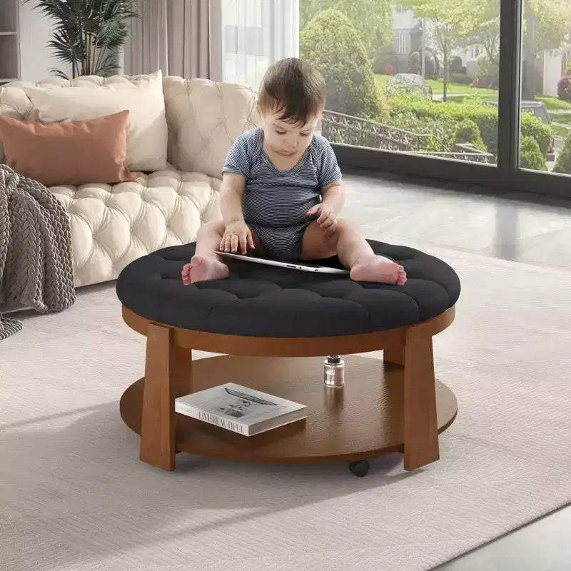 Tavolino da caffè rotondo con pouf, grande tavolino da caffè imbottito a 2 livelli con bottoni e rotelle, pouf poggiapiedi in tessuto impermeabile per soggiorno