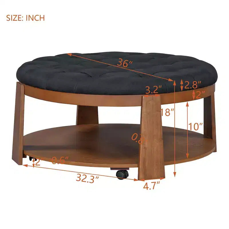 Tavolino da caffè rotondo con pouf, grande tavolino da caffè imbottito a 2 livelli con bottoni e rotelle, pouf poggiapiedi in tessuto impermeabile per soggiorno