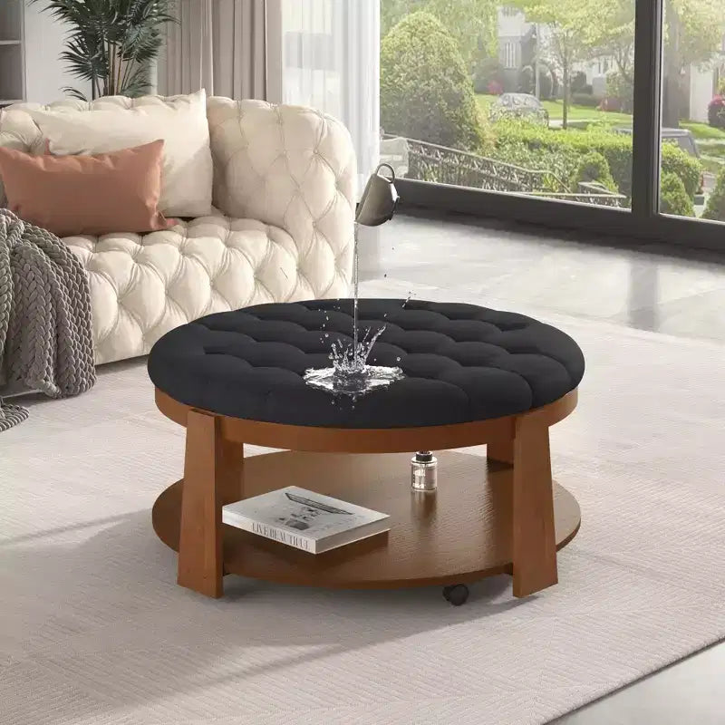 Tavolino da caffè rotondo con pouf, grande tavolino da caffè imbottito a 2 livelli con bottoni e rotelle, pouf poggiapiedi in tessuto impermeabile per soggiorno