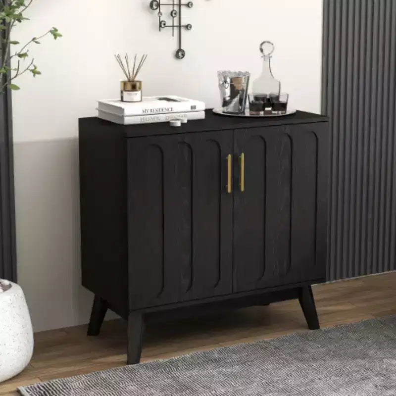 Madia a 2 ante con gambe in legno massello e maniglie dorate, stile Mid-Century Modern, 81 cm