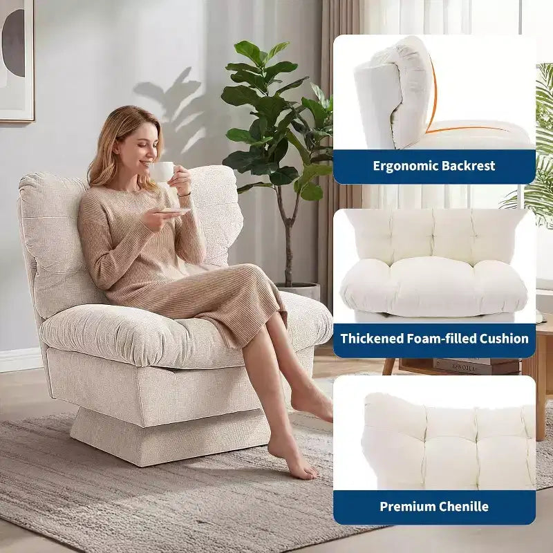 Poltrona girevole a 360° - Poltrona moderna da lettura con cuscino spesso e accogliente tessuto ciniglia | Poltrona imbottita per soggiorno, camera da letto