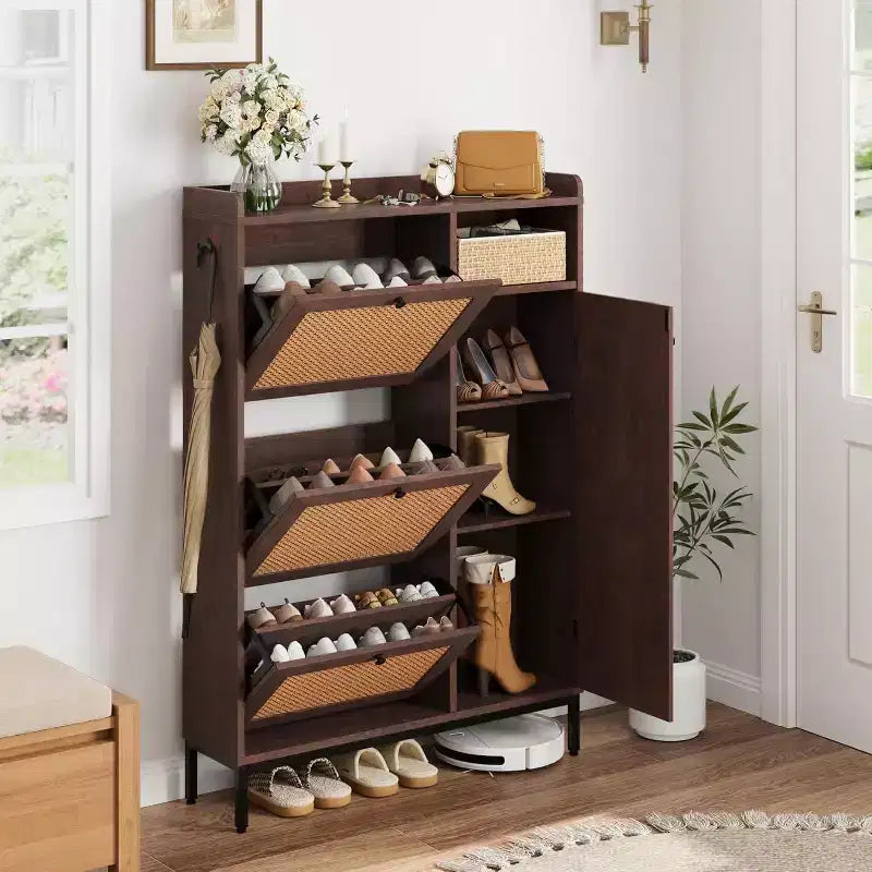 Scarpiera a 4 ripiani in rattan con 3 cassetti a ribalta, Organizer per scarpe autoportante con ripiani regolabili per ingresso, cabina armadio, corridoio
