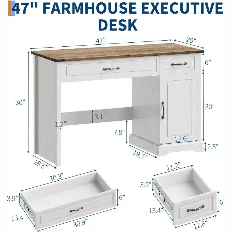 Scrivania direzionale da 47" con cassetti e mobile contenitore - Workstation rustica per ufficio/studio/camera da letto, bianco antico
